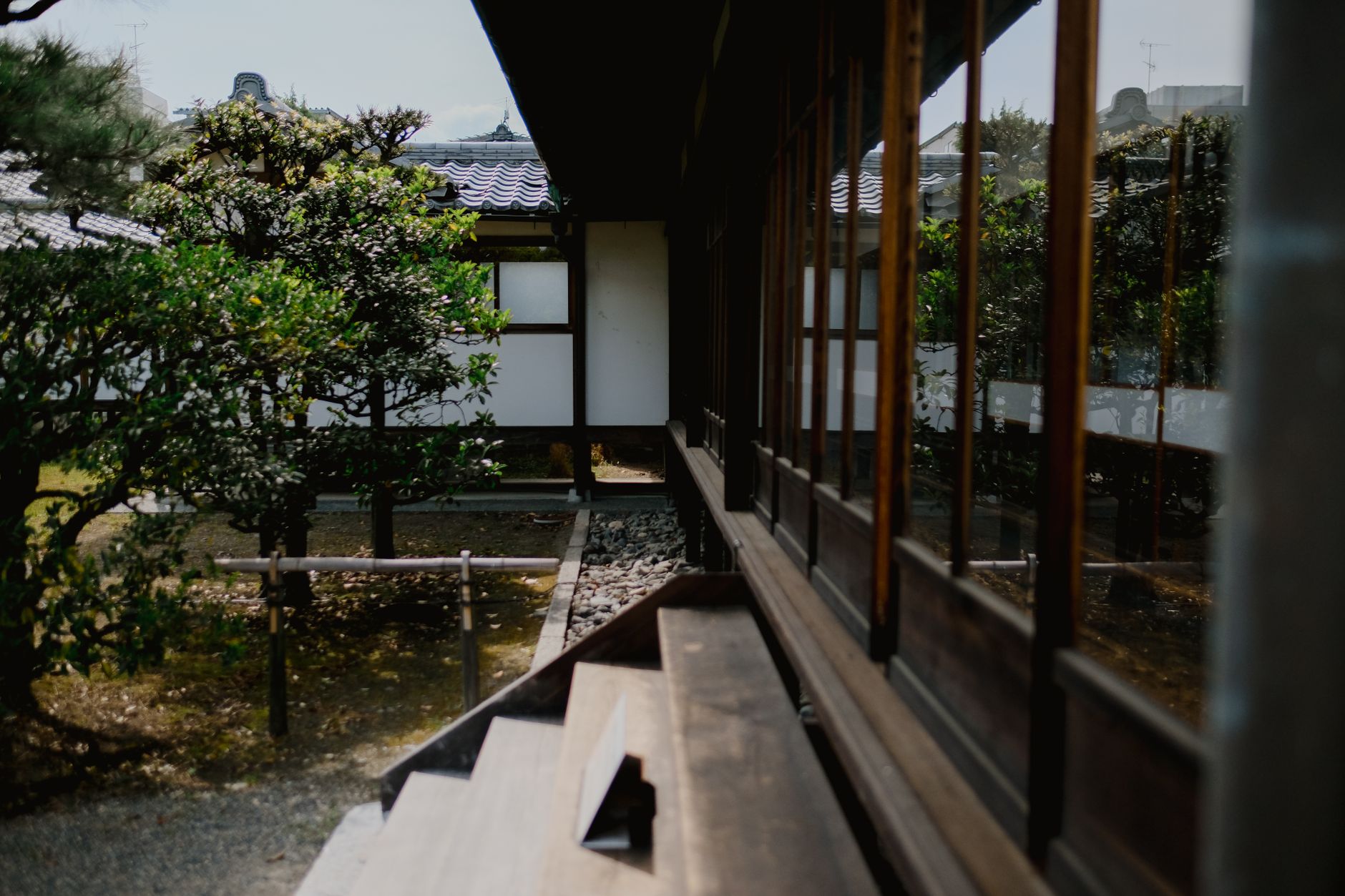 Traditional Japanese wooden temple corridor with natural light